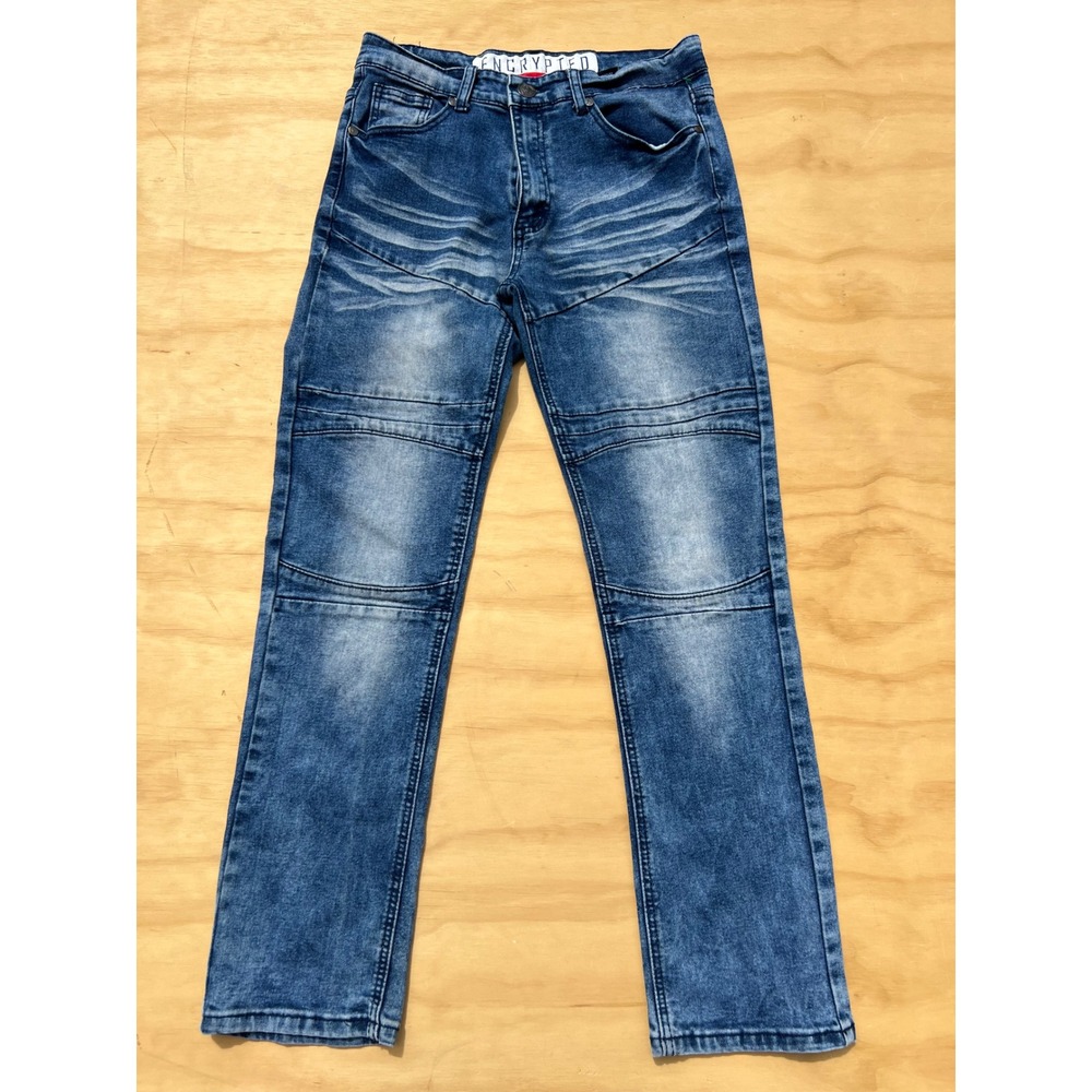 Encrypted Mens Moto Jeans Blue Medium Wash Slim Straight Size 16 Stretch Denim